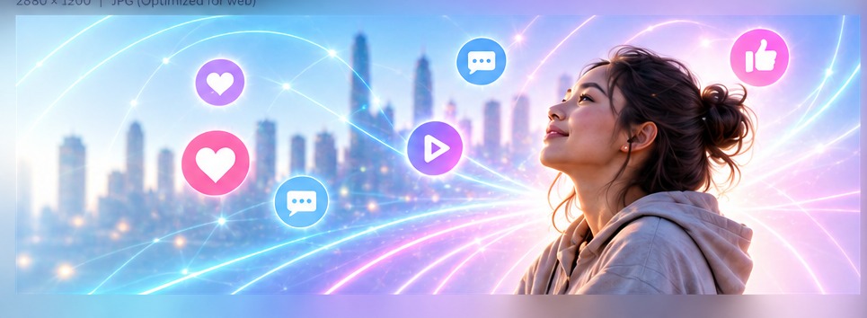 A creator surrounded by luminous social and network signals